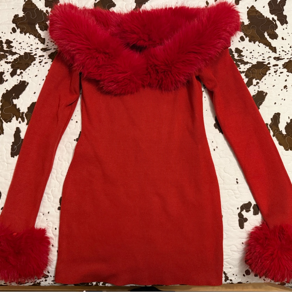 Red Fashion Nova Faux Fur Trim Sweater